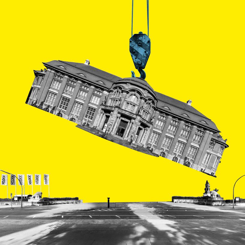 Plakatmotiv mit Museumsgebäude am Baukran
