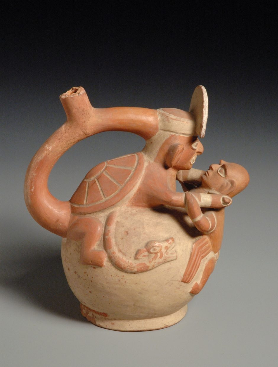 Stirrup vessel, made of fired clay, depicting the battle between two half-human half-animal creatures