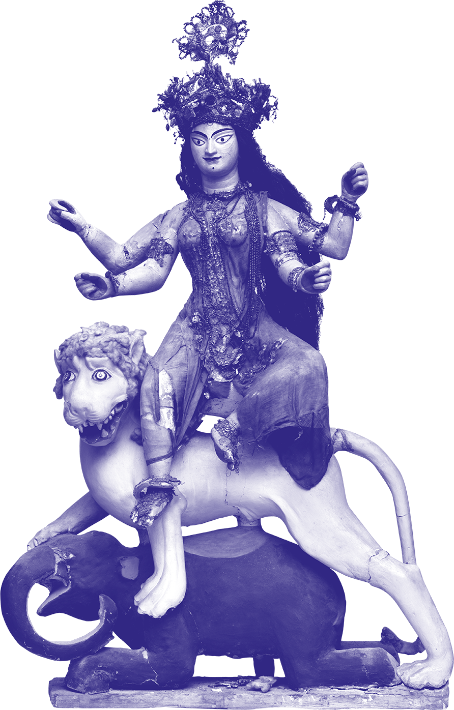 Die vierarmige Göttin Durga sitzend auf einem Löwen und Elefanten, Objektbild koloriert