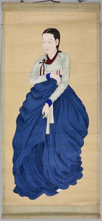 Frauenporträt, zeitgenössische Kleidung 19. Jahrhundert, stehend, Achtelprofil