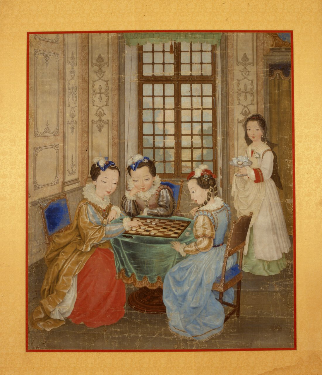Court ladies sitting, game, table, summer palace, painting