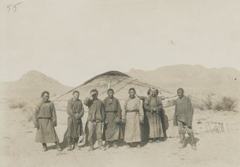 Group in front of yurt, Ail, Buryats, Mongolia, steppe, accomodation 