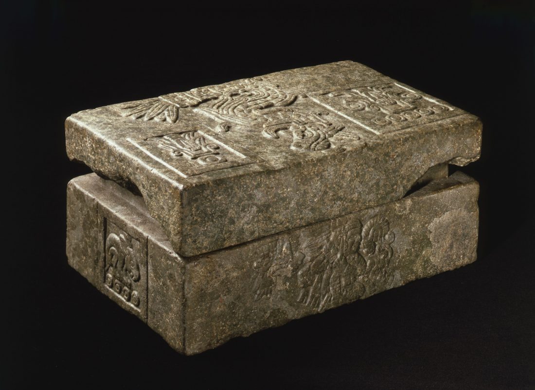 Lidded stone box, decorated with reliefs