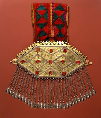 Breast ornament, silver, gold-plated, textile band