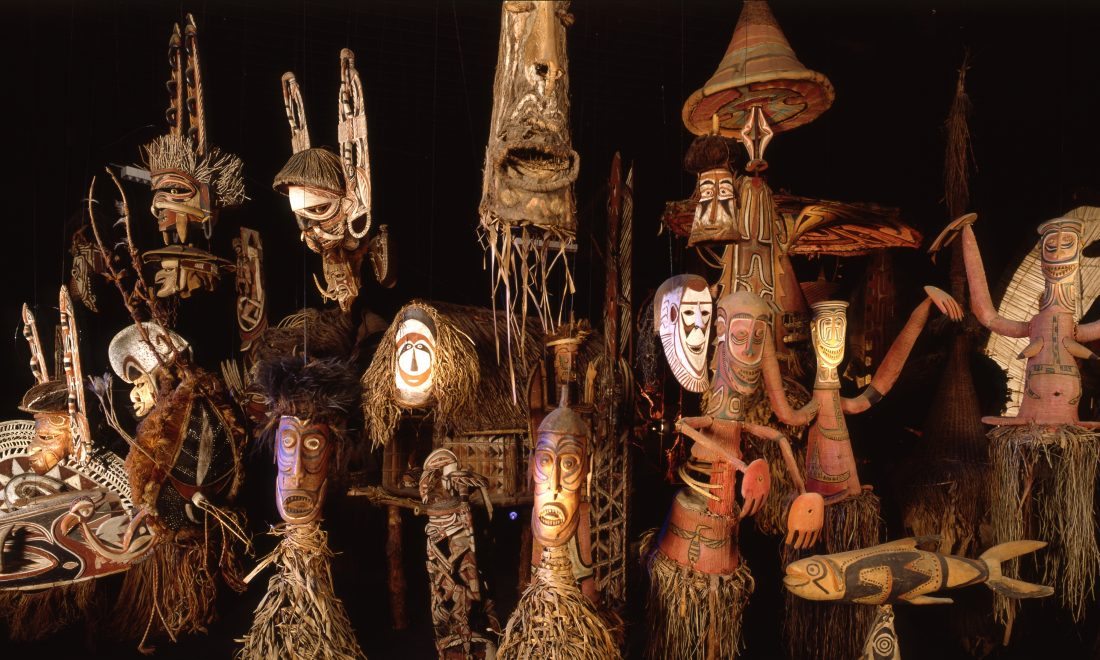 Masks of the South Seas, general view in front of dark background