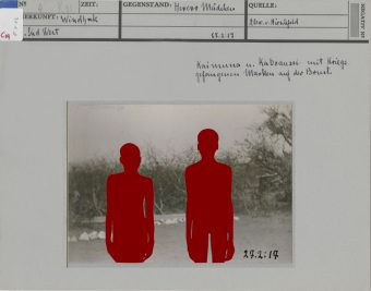 Former image reference card, artistically reworked by Vitjitua Ndjiharine, black and white photography, landscape, two people