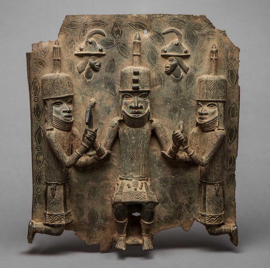 Relief plaque: King with two dignitaries, Kingdom of Benin
