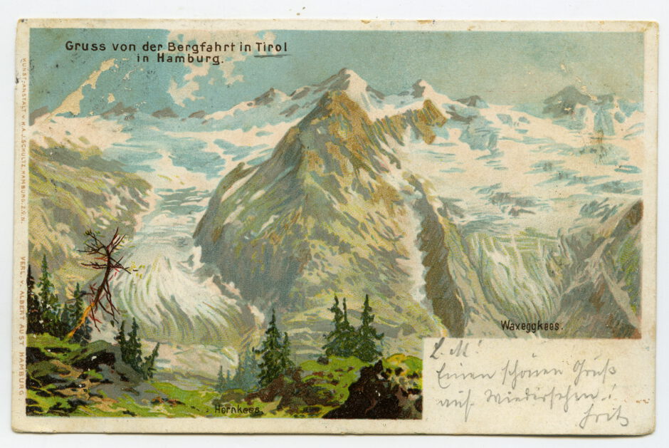 Gruss von der Bergfahrt in Tirol in Hamburg, Ansichtskarte, 1899, Inv.Nr. 1965/590/65