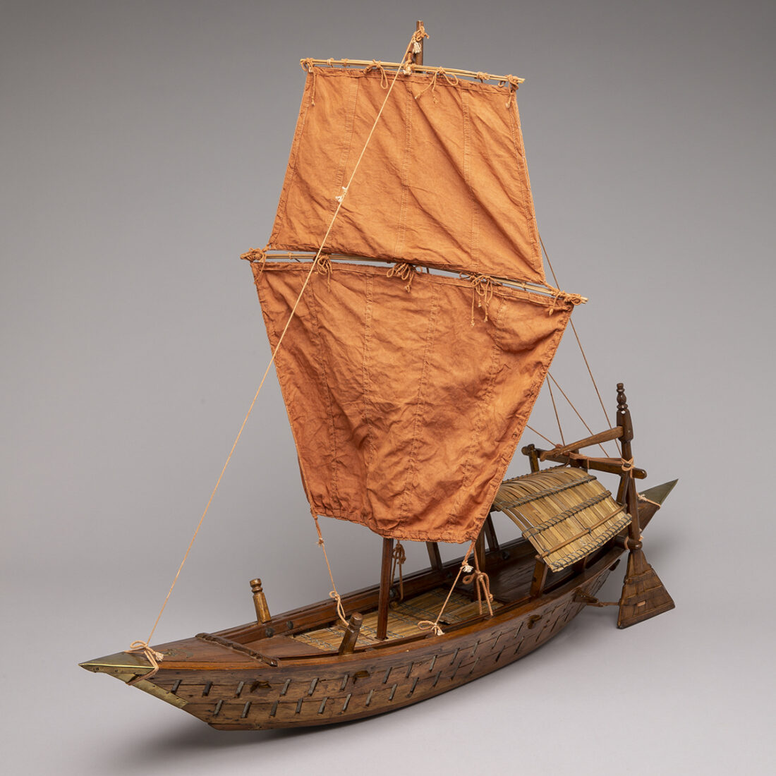 Model of Boat for the transport of timber, Bangladeshi boat builders, Khulna, Bangladesh, before 2005, Ganges Delta, Wood, metal, fabric