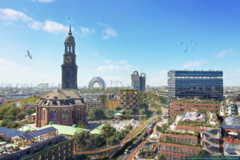 Hamburg Michel, Hauptkirche St. Michaelis, Ludwig-Erhard-Straße, Blick Richtung Reeperbahn und Hafen