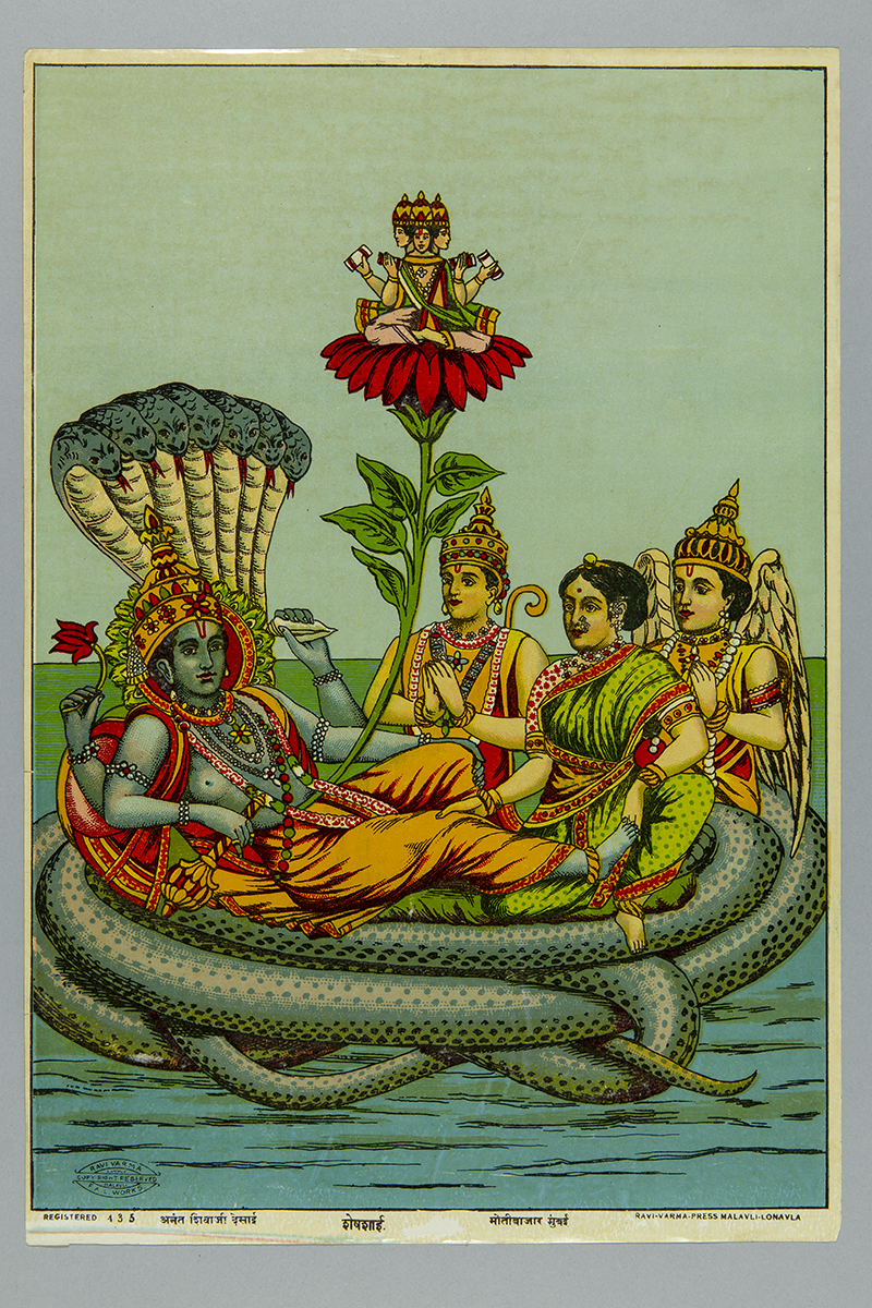 Vishnu on the world serpent, Anant Shivaji Desai at Ravi Varma Press Maharashtra, India, 1906-1945