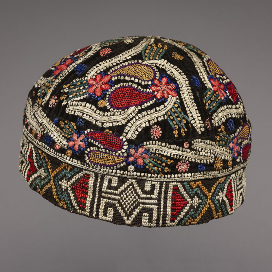 Head covering with multicoloured embroidery appliqué, probably Northeast Kazakhstan, 19th century,