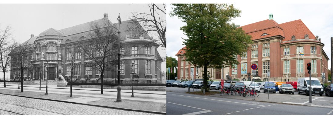 links: Das repräsentative Museumsgebäude an der Rothenbaumchaussee 64, von Albert Erbe im späten Jugendstil entworfen, wurde nach vierjähriger Bauzeit 1912 eröffnet. © MARKK Mus. 121, Inv. Nr. 2024.4:1b | rechts: Der für 2027 geplante Umbau des MARKK bedeutet die größte bauliche Veränderung am Haus seit der Ergänzung des Verwaltungsflügels von 1929. © MARKK Inv. Nr. 2024.4:2b, Foto: Bernd Spyra – Museumsansicht historisch und aktuell