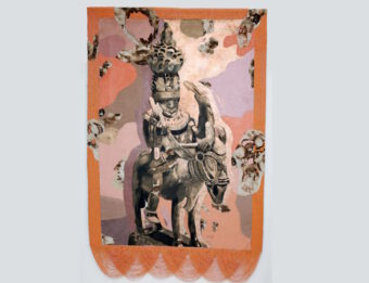 MF-2025_Pink-Benin-Rider_Acrylic-metal-leaf-and-beads-on-burned-canvas-_quer –