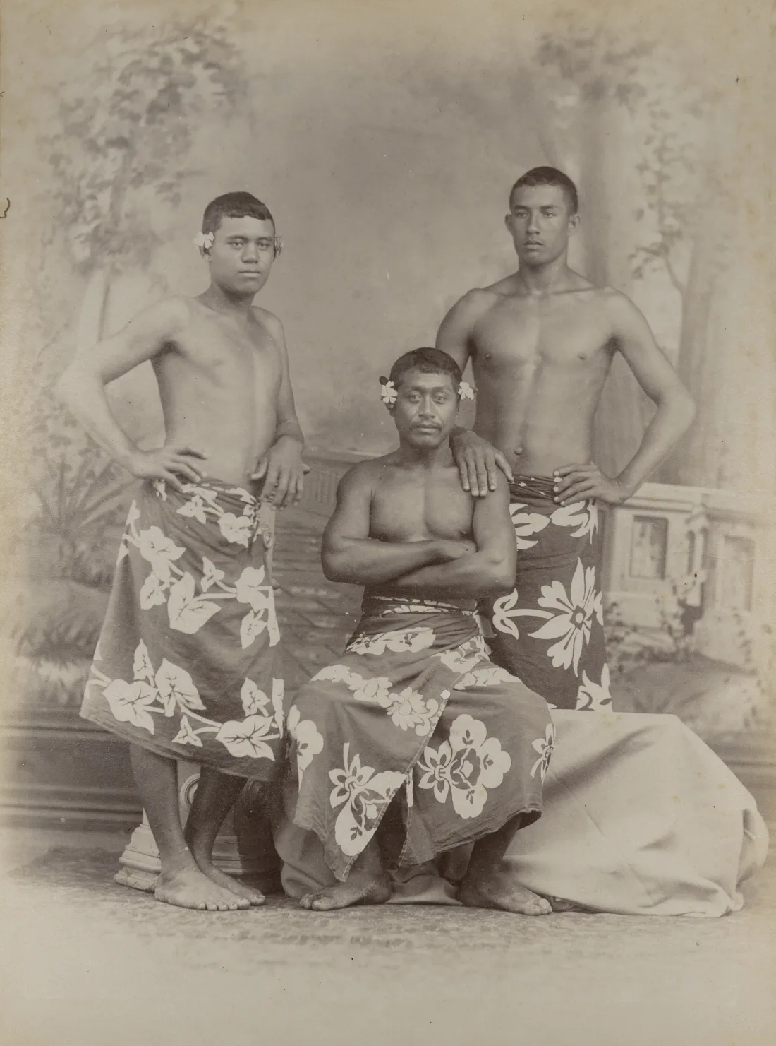 Studio photograph of three Tahitians, photograph