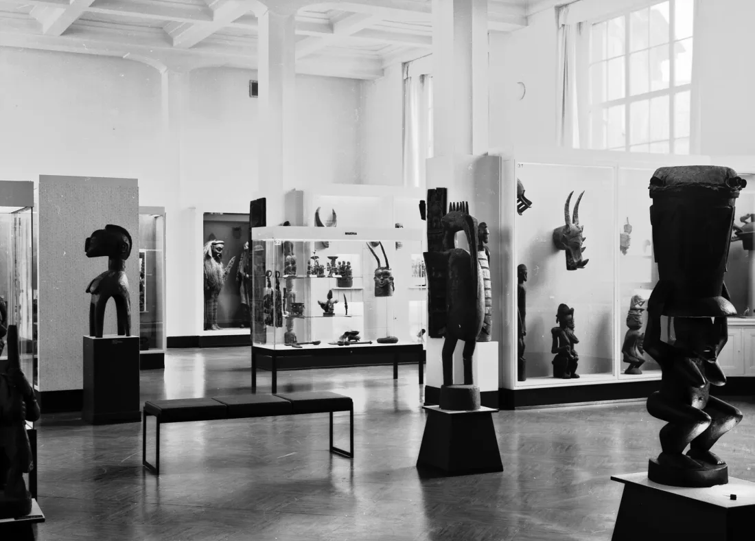 Exhibition hall, showcases, Art from West Africa, b/w photograph