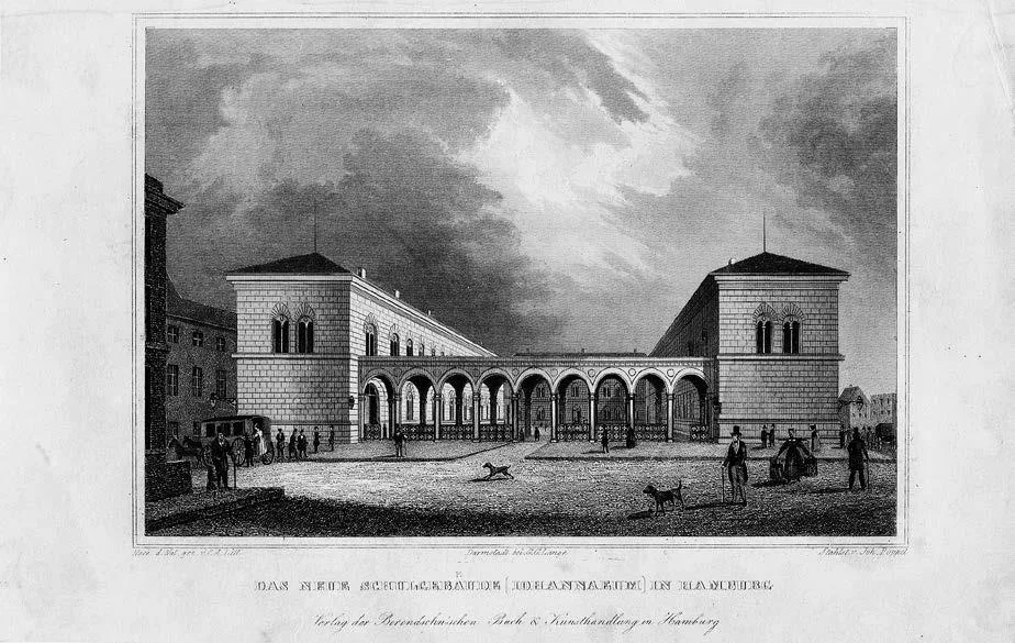 Historical etching, view of the Johanneum Hamburg