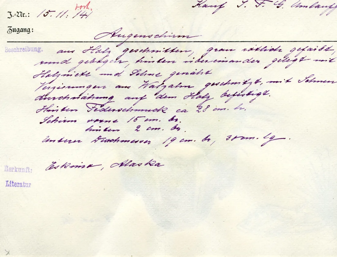 Text side of the index card on “Wooden Eye Shade with Carvings from Whale Tooth”