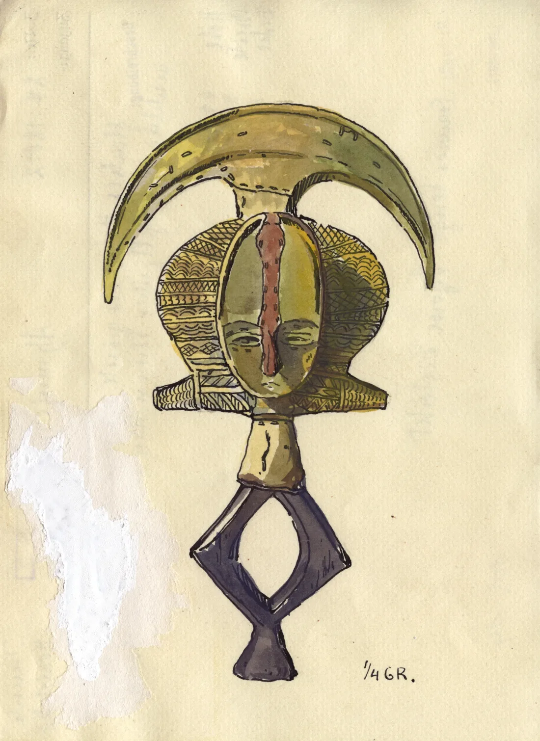 Index card drawing of a Kota reliquary figure 