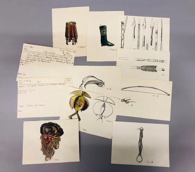 Work in progress shot of index cards on various objects