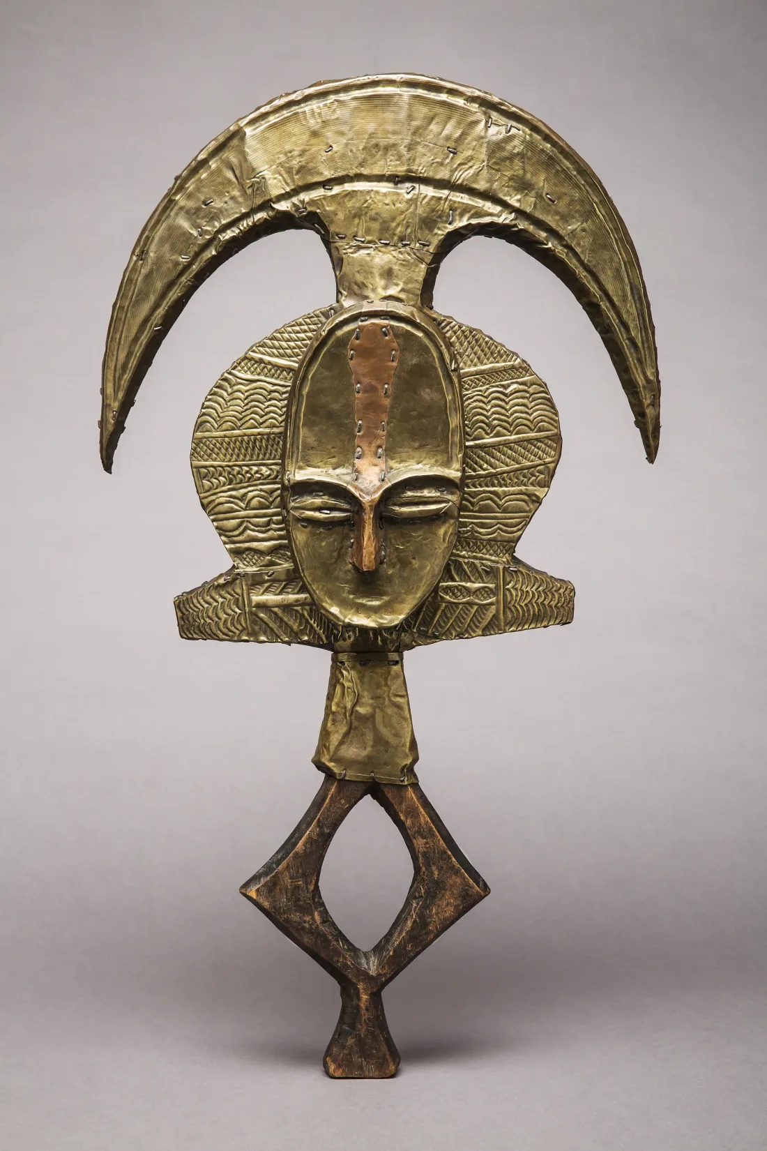 Standing figure, wood, brass sheet, 19th century
