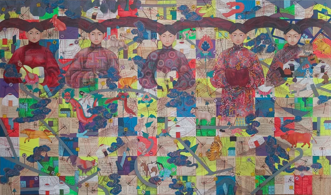 Time Link, Nomin Bold, Mongolia, 2020, painting, old type sheets, acrylic, canvas, purchase artist, partial financing Friends of the Museum am Rothenbaum MARKK e.V., MARKK 2020.9:1