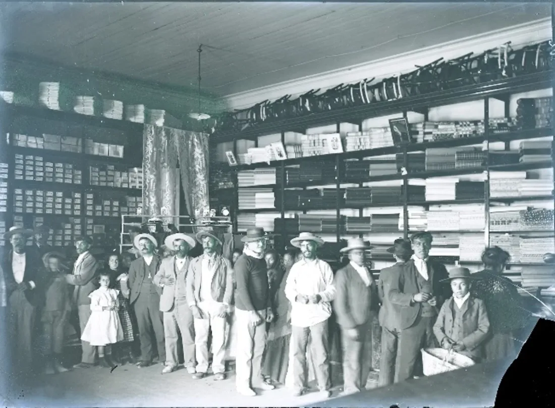 Saltpetre workers in a factory shop, Chile, early 20th century