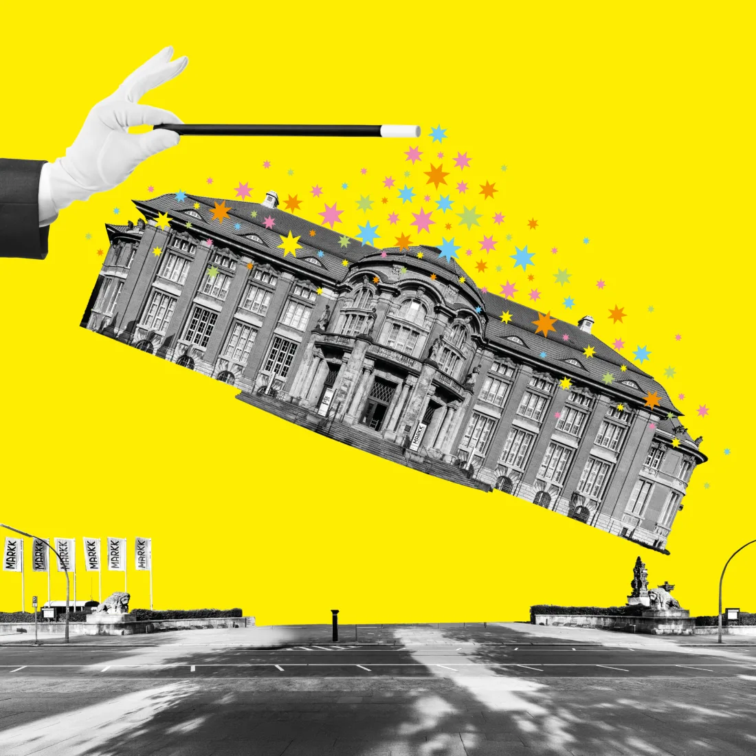 Plakat Motiv Sind kurz mal weg... mit Zauberstab und fliegendem Museumsgebäude